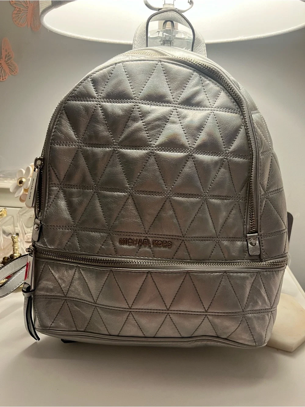 Michael Kors Metallic Silver Quilted Backpack